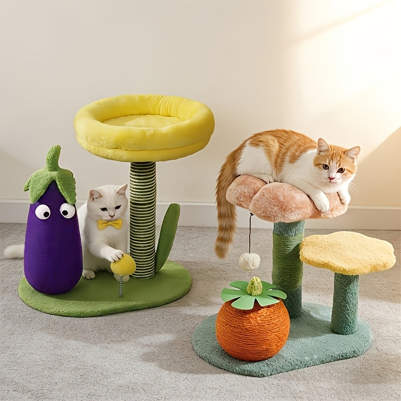 Interactive Cat Scratching Post: Flower\u002FEggplant-shaped Vertical Cat Scratcher Equipped with A Hanging Plush Toy Ball, This Piece Combines A Cozy Soft Cat Bed, A Sisal Scratching Board, A Sisal Scratching Post, Durable Cat Tower.