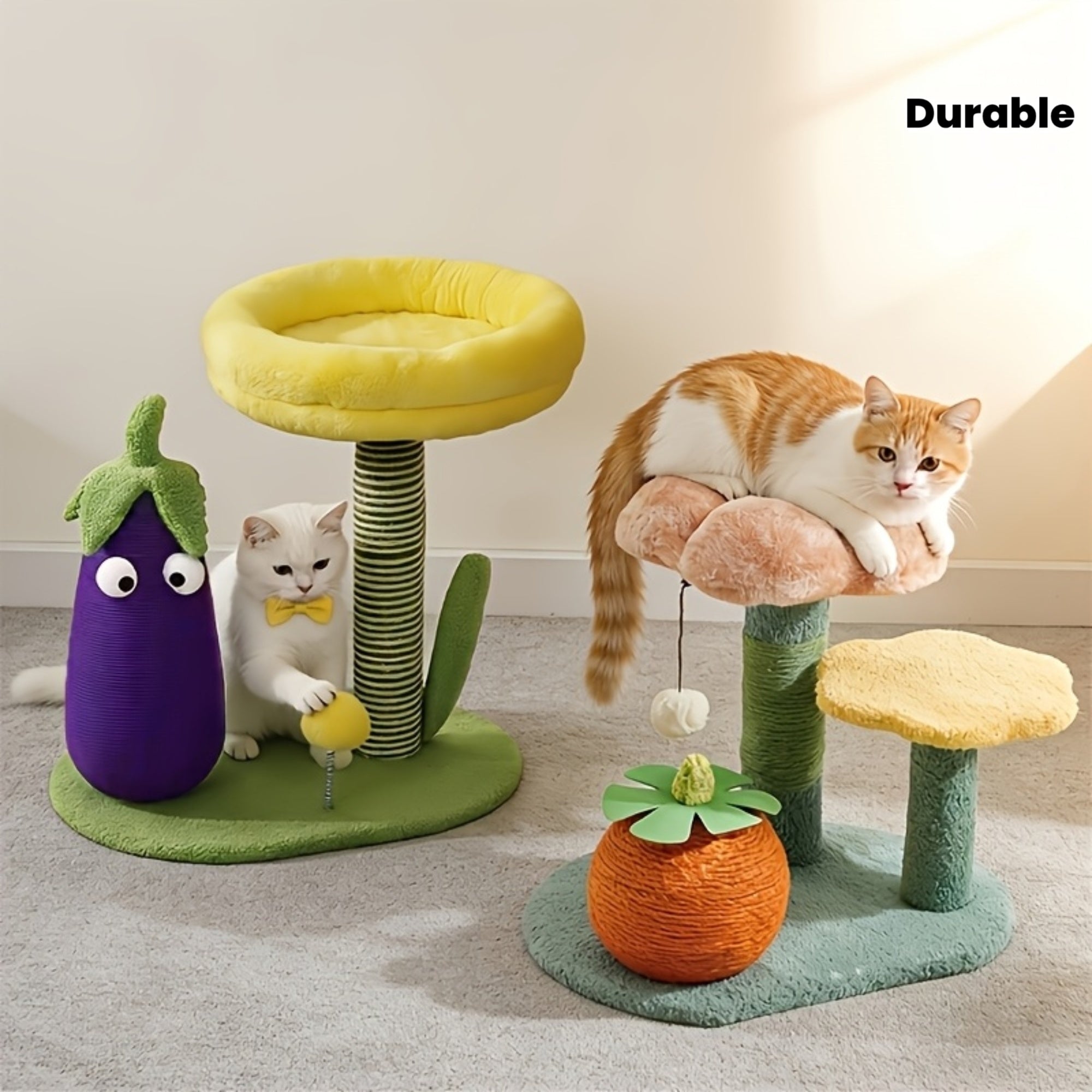 Interactive Cat Scratching Post: Flower\u002FEggplant-shaped Vertical Cat Scratcher Equipped with A Hanging Plush Toy Ball, This Piece Combines A Cozy Soft Cat Bed, A Sisal Scratching Board, A Sisal Scratching Post, Durable Cat Tower.