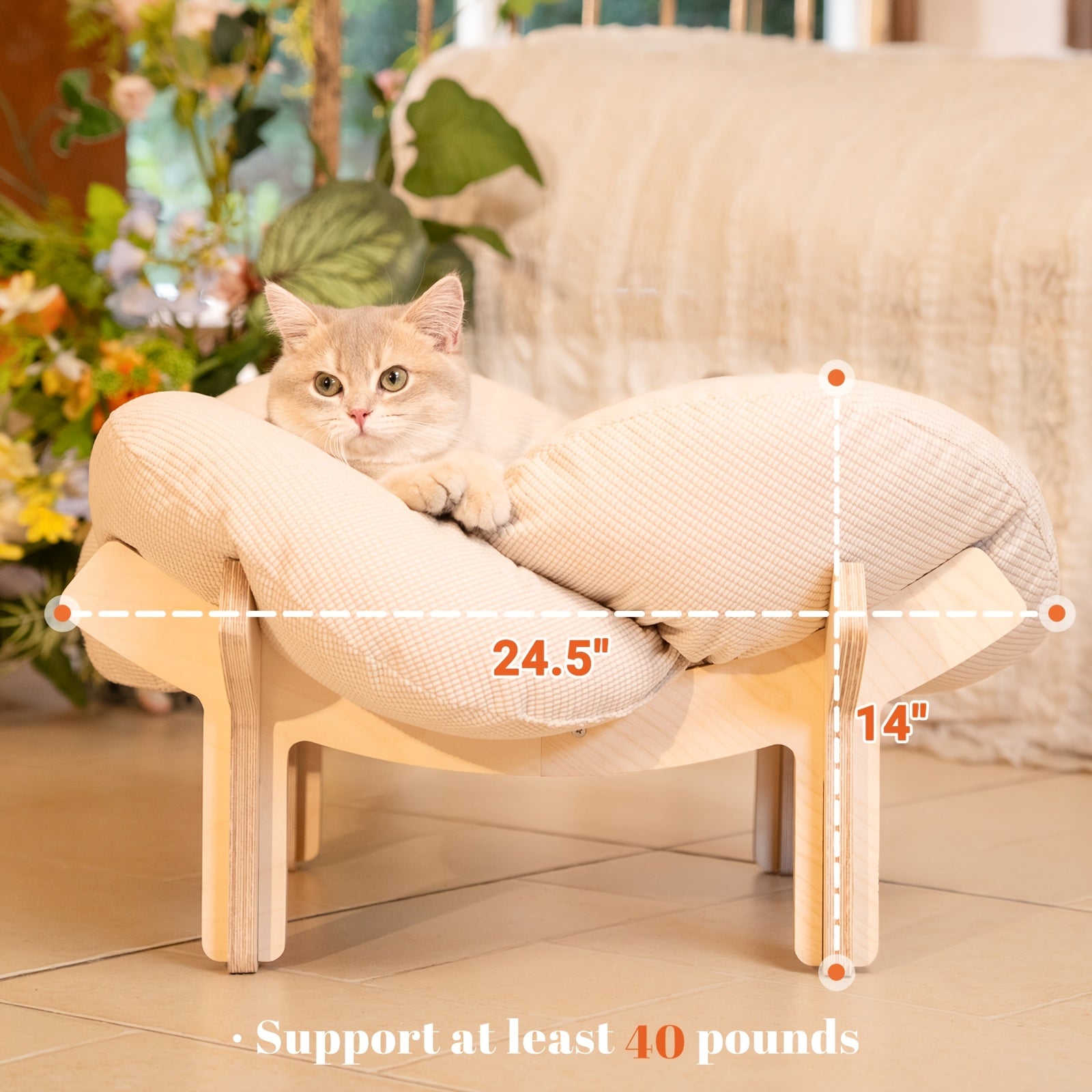 Elevated Cat Bed Wooden with Cushion Fluffy Pet Couch Sofa for Indoor Cats Raised Kitty Lounge Chair with Hardware Tool Suitable for Puppy, Cat Furniture