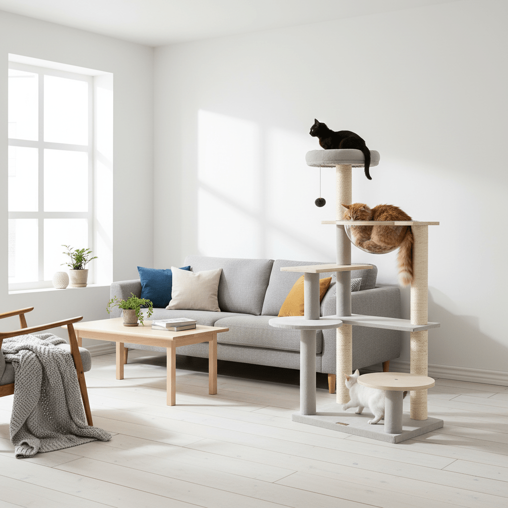 MULTIGOT 44-Inch Modern Cat Tower with Detachable Padded Top Perch, Sisal Scratching Posts, Jumping Platforms & Dangling Ball - Indoor Kitty Activity Center