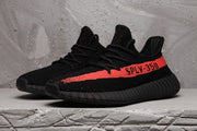 Yeezy 350 V2 Black and Red Knit Sneakers