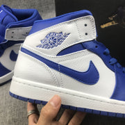 Jordan 1 Mid Hyper Royal Sneakers, White and Blue, 554724-114