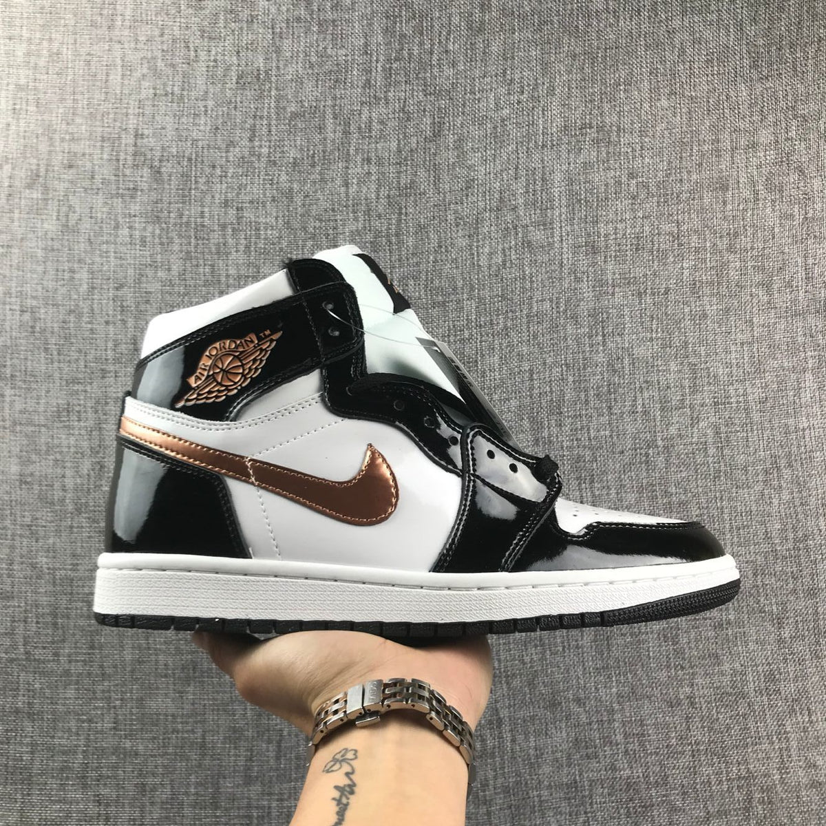 Air Jordan 1 High Black, White and Bronze Sneakers