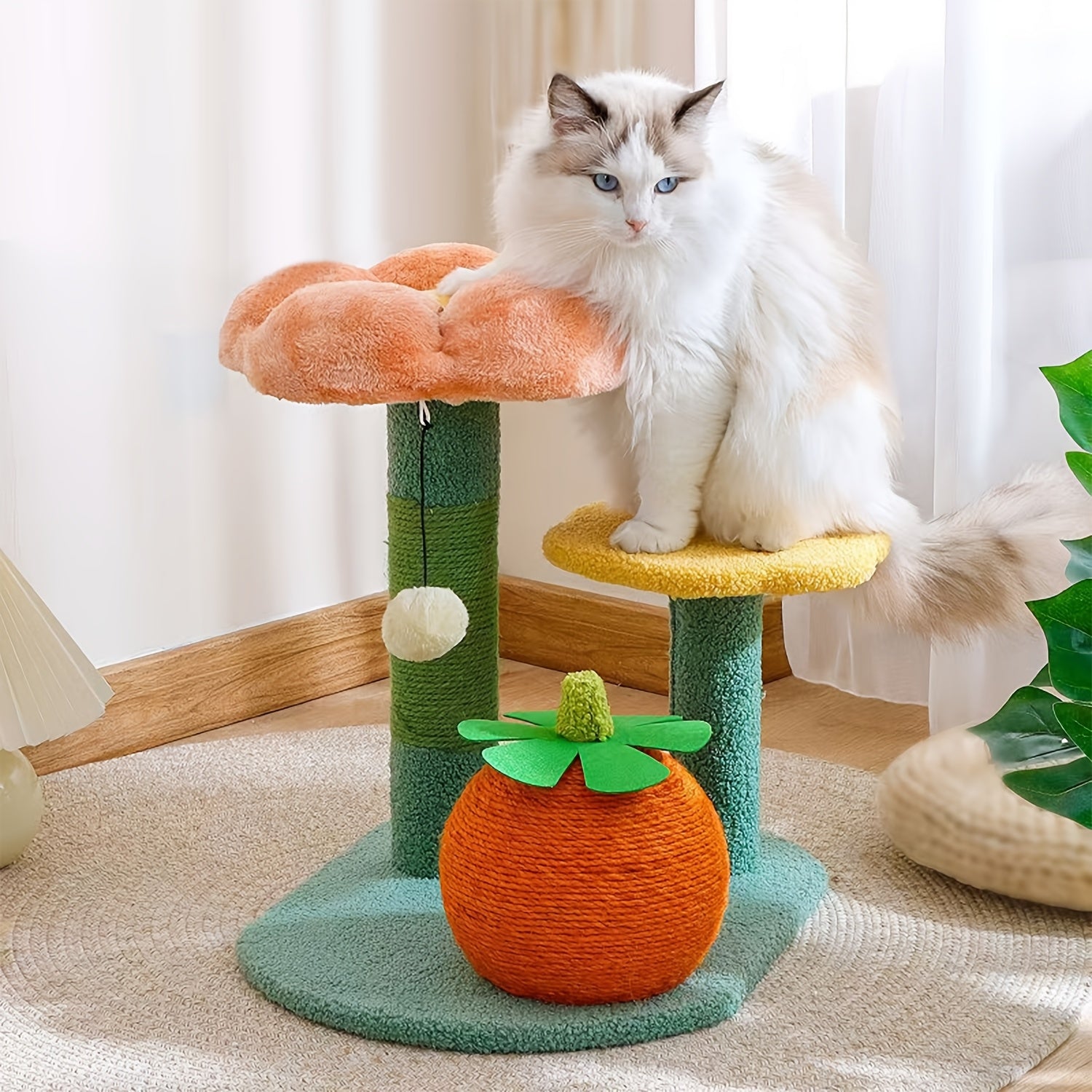 Interactive Cat Scratching Post: Flower\u002FEggplant-shaped Vertical Cat Scratcher Equipped with A Hanging Plush Toy Ball, This Piece Combines A Cozy Soft Cat Bed, A Sisal Scratching Board, A Sisal Scratching Post, Durable Cat Tower.