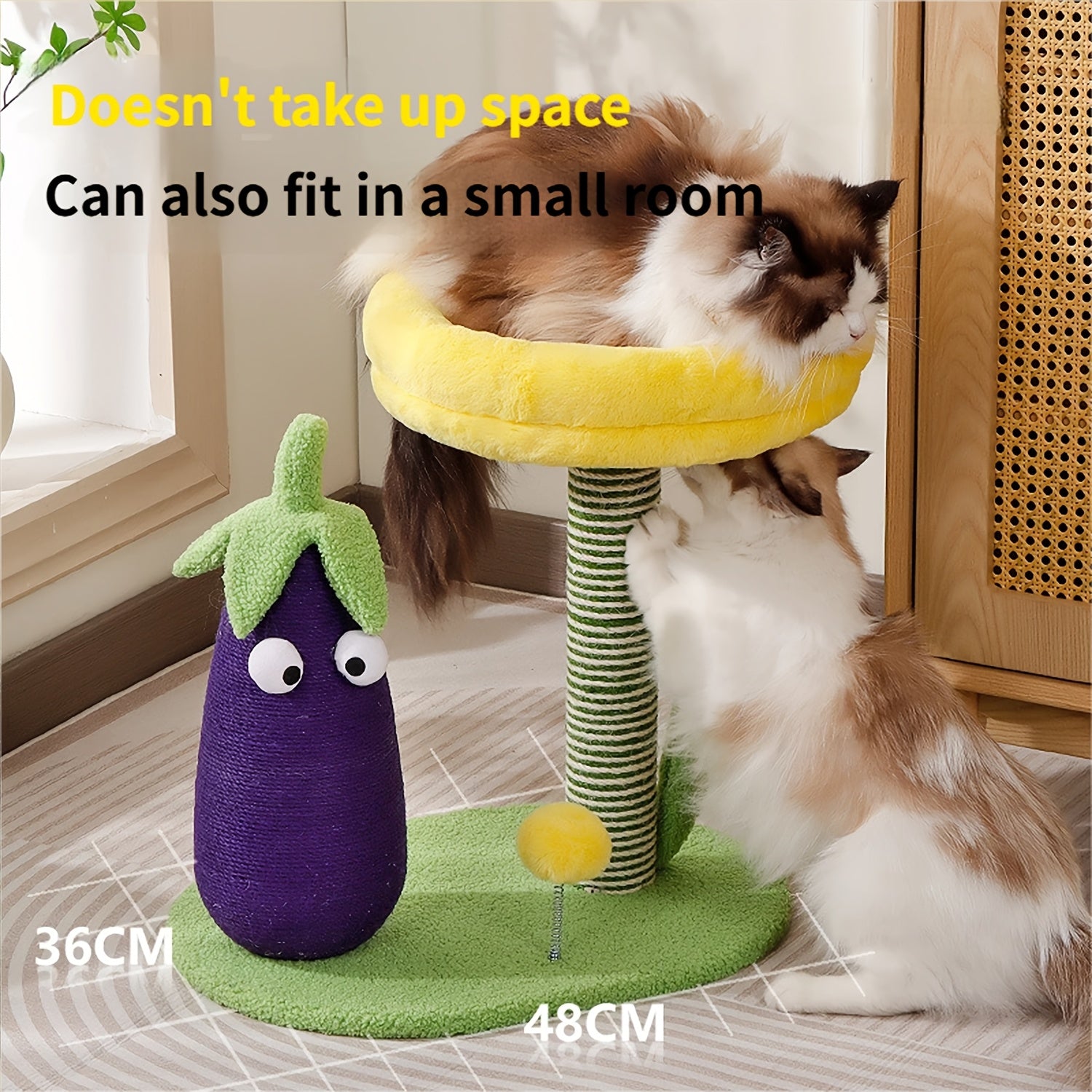 Interactive Cat Scratching Post: Flower\u002FEggplant-shaped Vertical Cat Scratcher Equipped with A Hanging Plush Toy Ball, This Piece Combines A Cozy Soft Cat Bed, A Sisal Scratching Board, A Sisal Scratching Post, Durable Cat Tower.