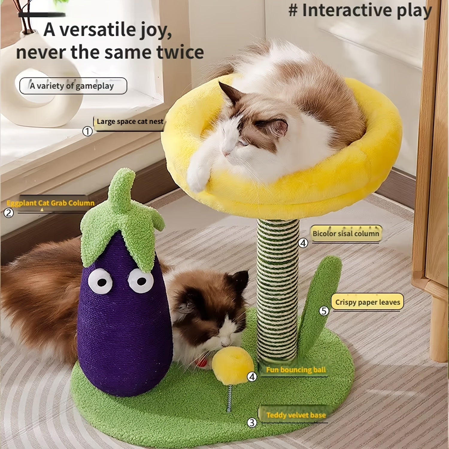 Interactive Cat Scratching Post: Flower\u002FEggplant-shaped Vertical Cat Scratcher Equipped with A Hanging Plush Toy Ball, This Piece Combines A Cozy Soft Cat Bed, A Sisal Scratching Board, A Sisal Scratching Post, Durable Cat Tower.