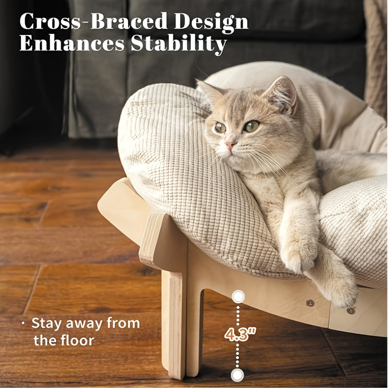 Elevated Cat Bed Wooden with Cushion Fluffy Pet Couch Sofa for Indoor Cats Raised Kitty Lounge Chair with Hardware Tool Suitable for Puppy, Cat Furniture